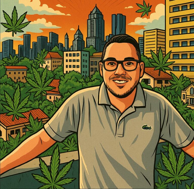 Lächelnder Mann, Stadt, Cannabisblätter