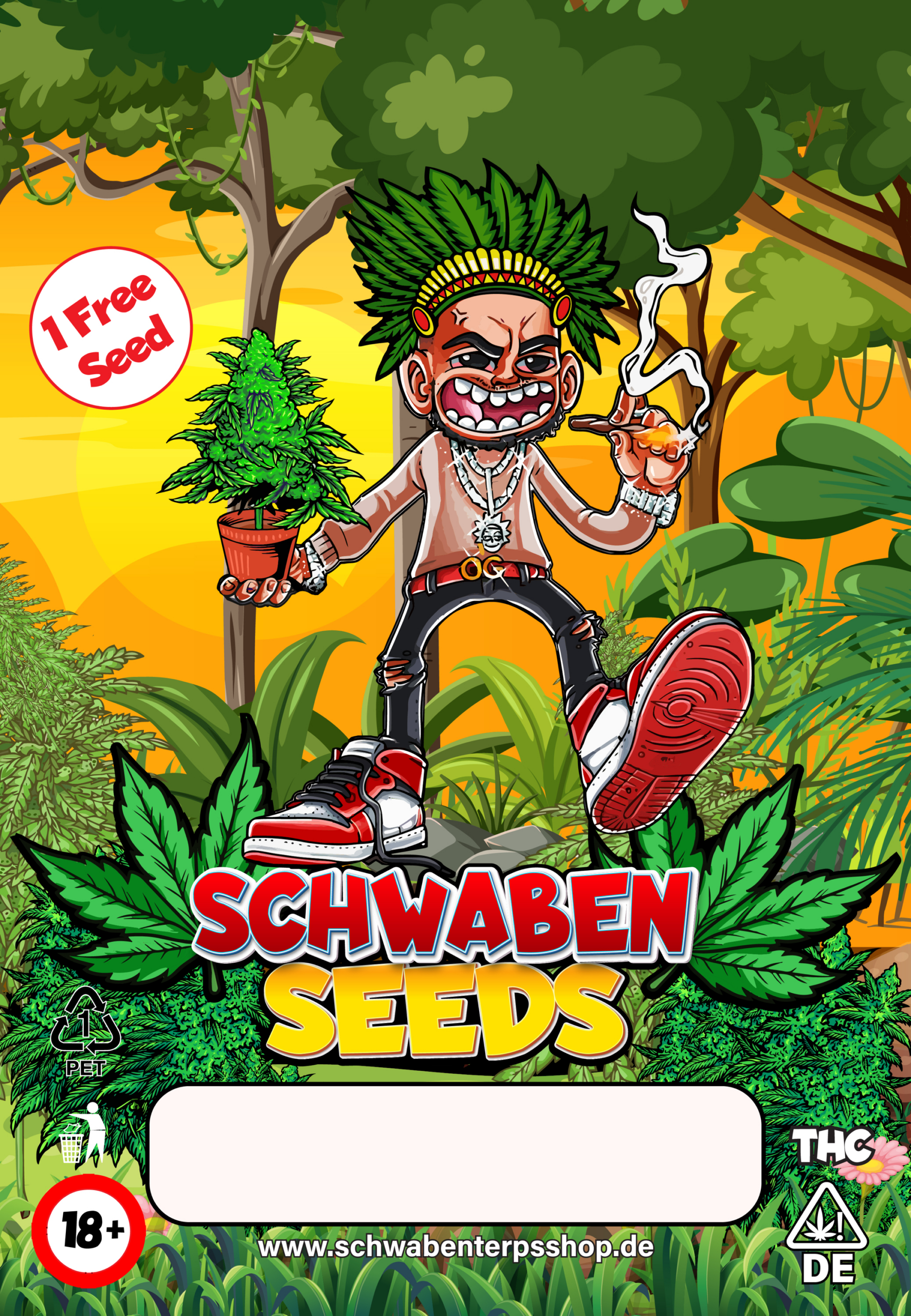 Comicfigur mit Joint und Pflanze