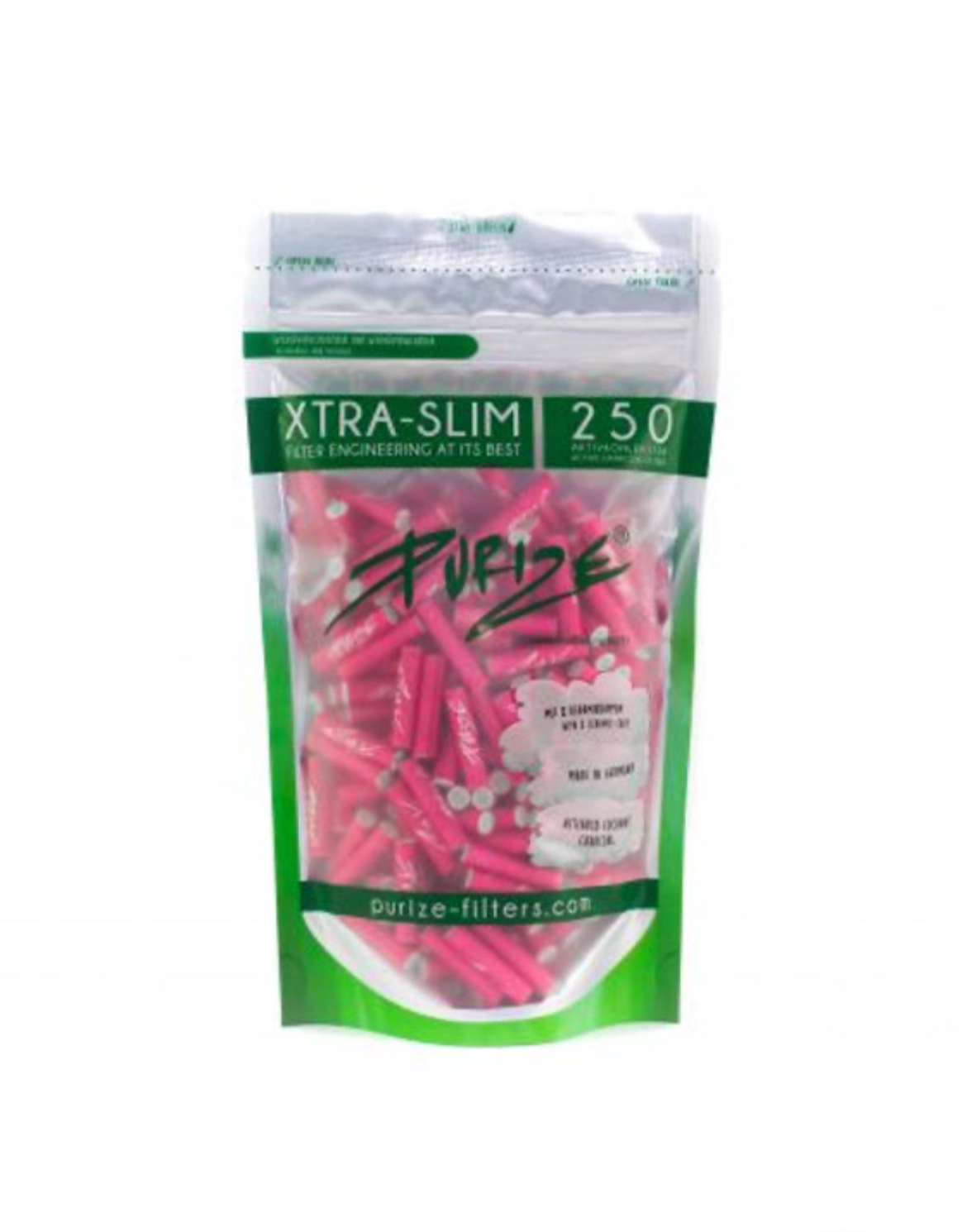 Pinkfarbene Filter in grüner Verpackung.